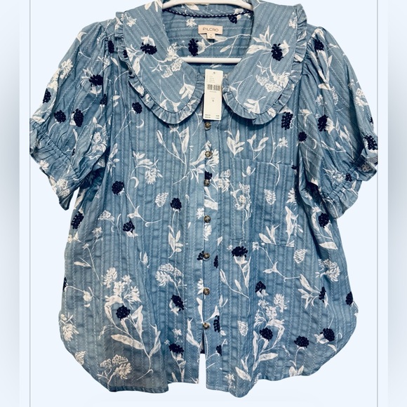 Anthropologie Pilcro Keira Blouse NWT Blue Floral Peter Pan Collar Top Size M - Picture 3 of 9